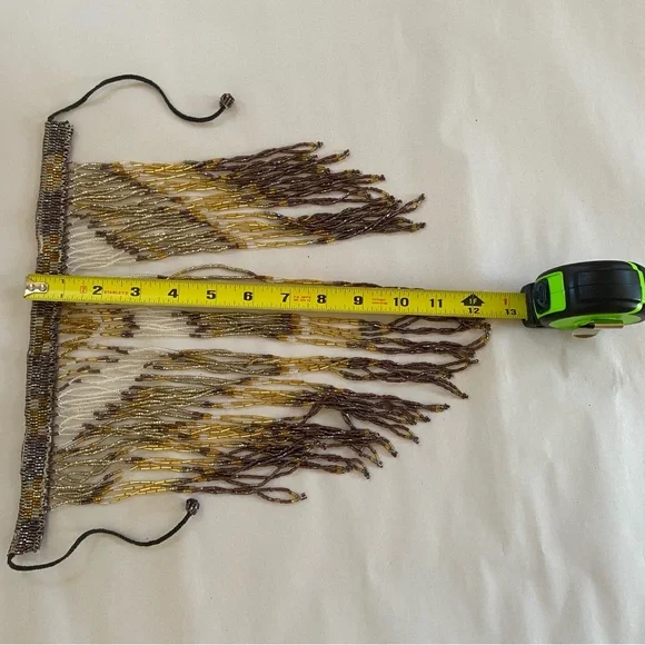 Handmade Beaded Fringe Statement Necklace in Brown and Gold - Picture 6 of 8